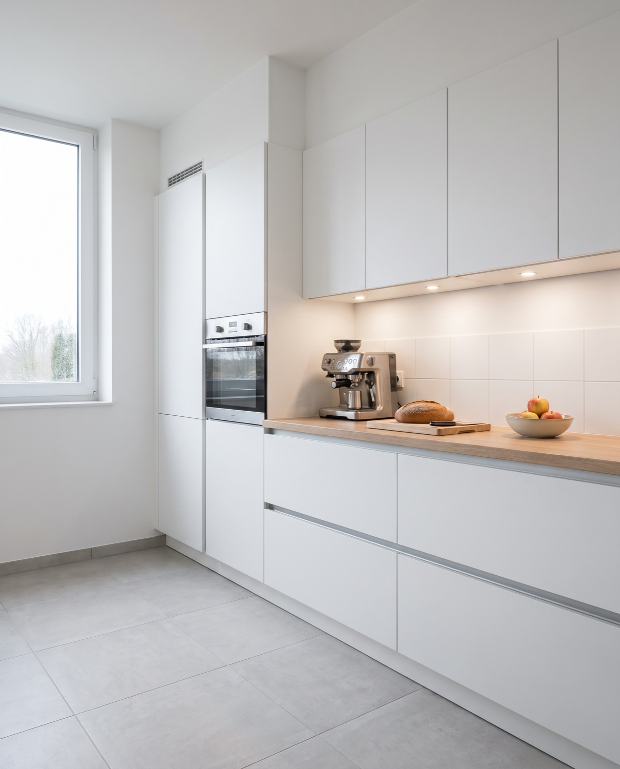 Witte greeploze keuken met Gola-profiel en houten werkblad