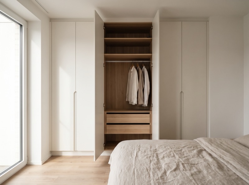 Ingebouwde maatkast tot aan het plafond in een slaapkamer, wit mat